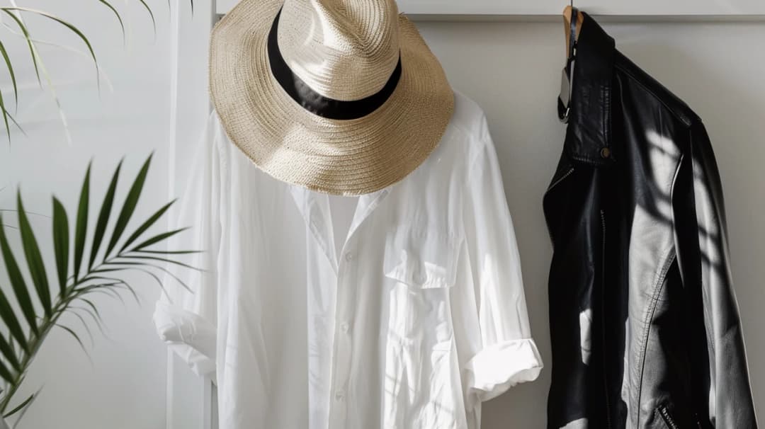 Stylizacje z białą koszulą damską: słomkowy kapelusz i skórzany płaszcz